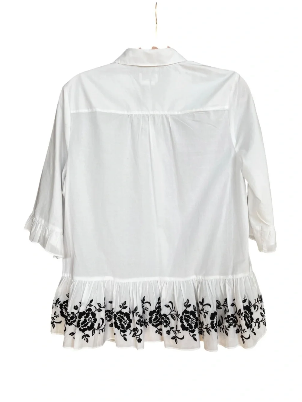 Kate Spade White Cotton Floral Embroidery Ruffle 3/4 Sleeve Button Up Shirt SZ M
